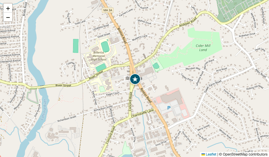 Map of Billerica, MA showing Billerica Family Dental centrally located on Boston Rd, marked with a star